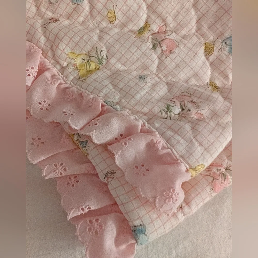 Vintage Handmade Baby Blanket - Adorable Bunnies & Pink Cotton Lace